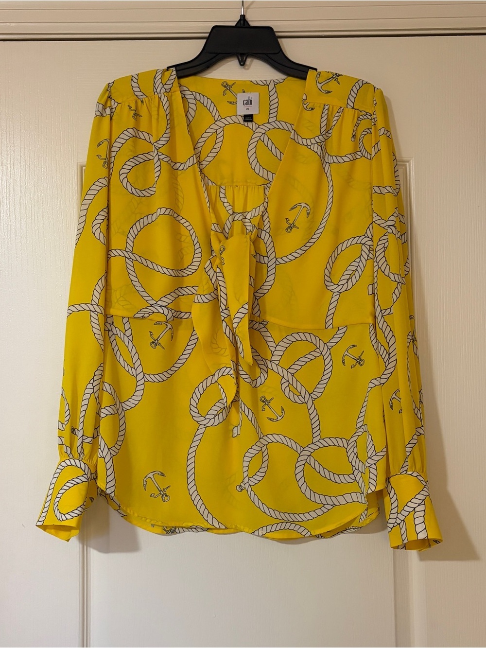 CAbi Yellow Nautical Rope Print Tie-Neck Blouse